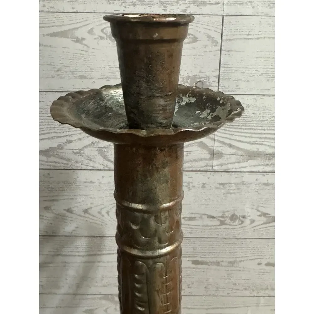2 Large Metal Ornate Candlesticks with Handle Great Patina